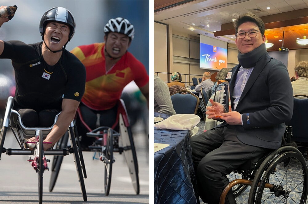 Gyudae "GD" Kim. A picture of him competing in wheelchair racing and a picture of him receiving his teaching award in a wheelchair.