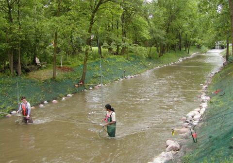 students measuring river flow