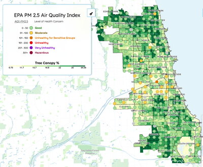 An air quality map of Chicago that also shows tree canopy coverage.