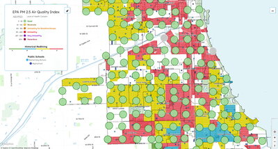 A map showing several air quality sensors and historical redlining borders.