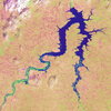 Lake Sélingué from the air, revealing the rivers around it.