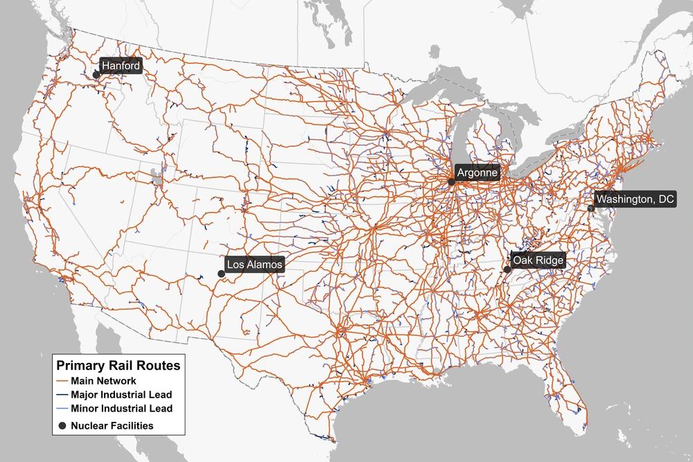 Map of train routes in the United States.